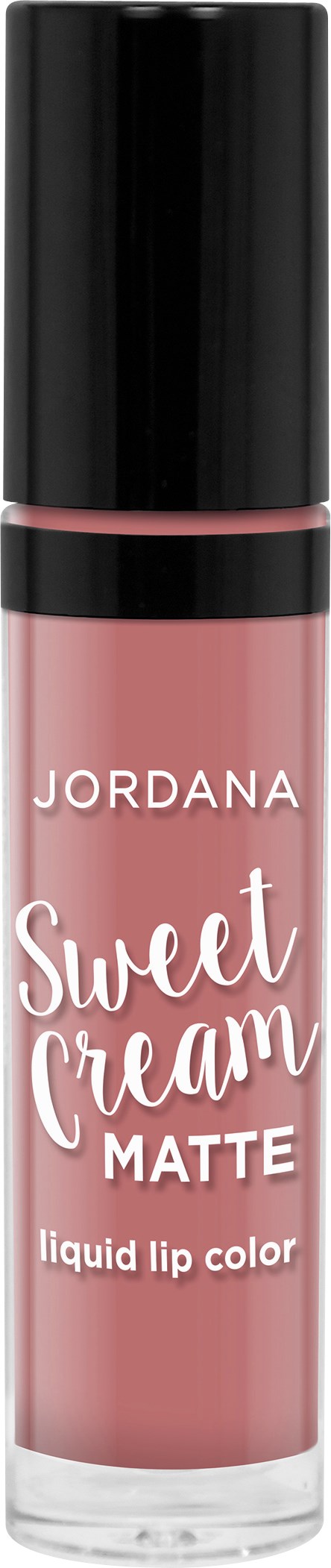 En rosa læbestiftsflaske med sort lås, mærket 'Jordana Sweet Cream Matte.'