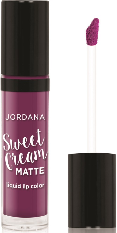 Lilla flydende læbestift i en flaske med sort låg og en påføringspensel. Label står 'Jordana Sweet Cream Matte'.