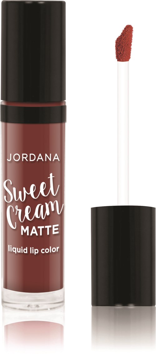 En mat flydende læbestift med applikator i brun nuance, mærket 'Jordana Sweet Cream Matte' og sort emballage.
