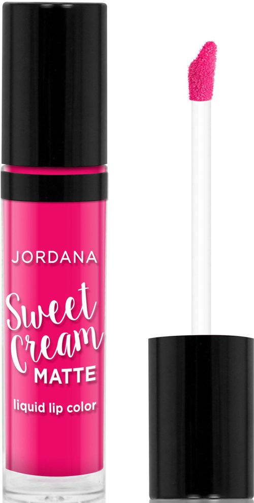 Rødglinsende flydende læbestift med sort låg, mærket 'Jordana Sweet Cream Matte'. Applikator med pink produkt.
