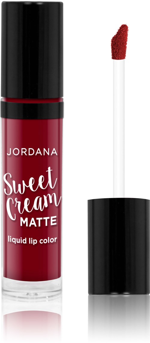 En flaske Jordana Sweet Cream Matte flydende læbepomade med påføringspind, der viser rød læbestift.