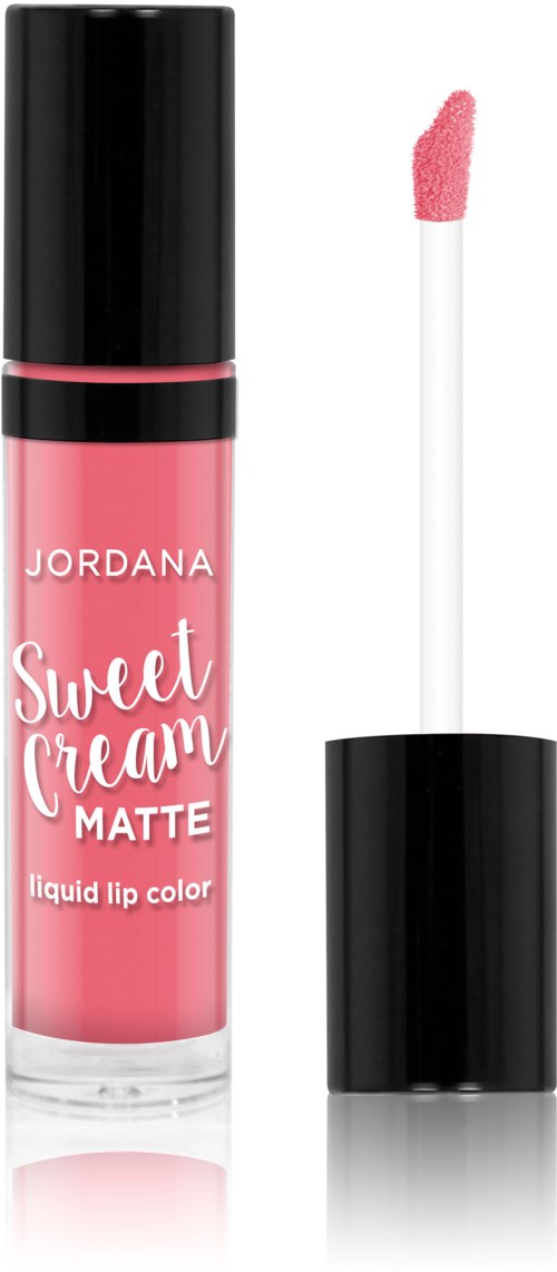 En lyserød flydende læbestift med sort hætte, mærket er Jordana, kaldet Sweet Cream Matte.