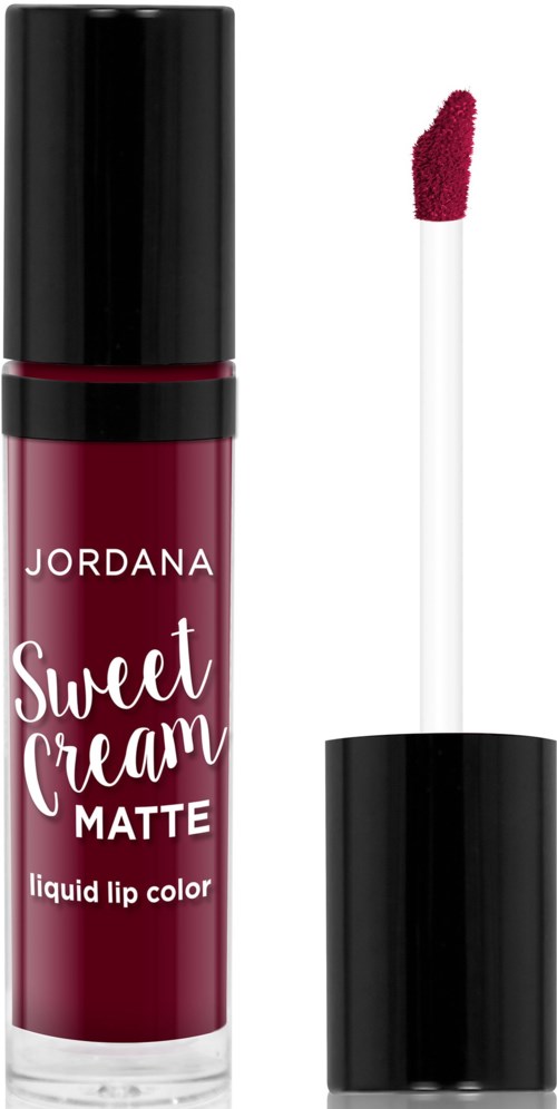 En læbestift med sort låg og lang hvid applikator, viser mørk pink farve. Mærke: Jordana.
