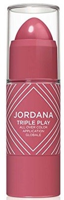 En rosa läppstift i en rosalåda med vita linjer, märkt 'Jordana Triple Play' för färgglad läppfärg.
