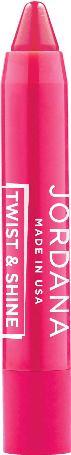 Läppglans i rosa flaska med vitt text, med orden "JORDANA" och "TWIST & SHINE".