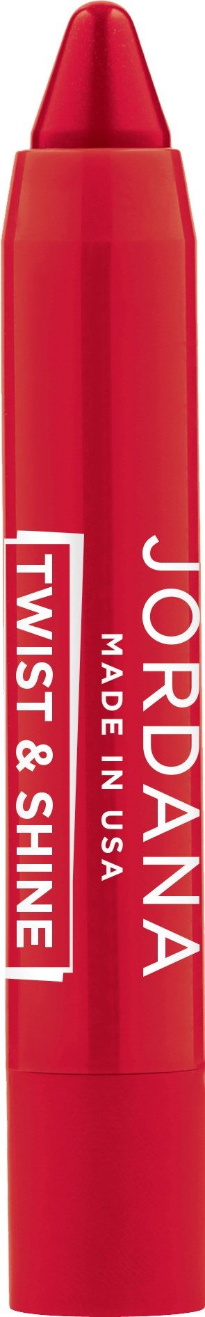 Röd läppstift med vitt text som säger Jordan Twist & Shine, tillverkat i USA.