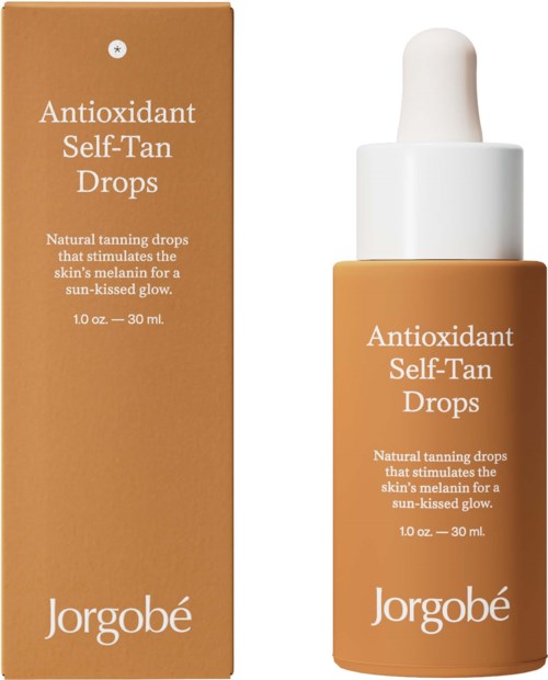 A bottle and box of Jorgobé Antioxidant Self-Tan Drops for sun-kissed glow, with natural tanning drops and a dropper.