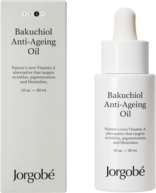 A white bottle with a dropper cap next to a matching box. Both label Bakuochiol Anti-Ageing Oil by Jorgobé.