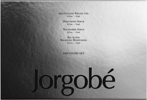 A skincare set label displaying product names and a large brand name 'Jorgobé' at the bottom.