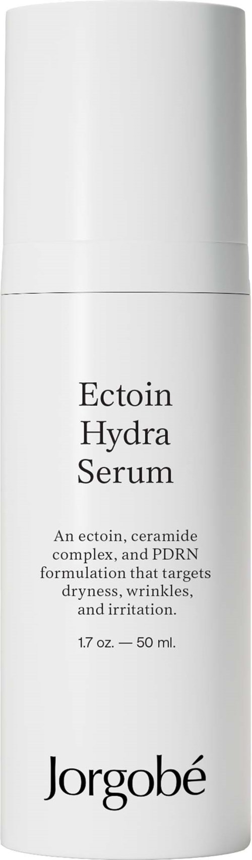Valkoinen Jorgobé Ectoin Hydra Serum -pullo, jossa pumppu. Se auttaa kuivuutta, ryppyjä ja ärsytystä.