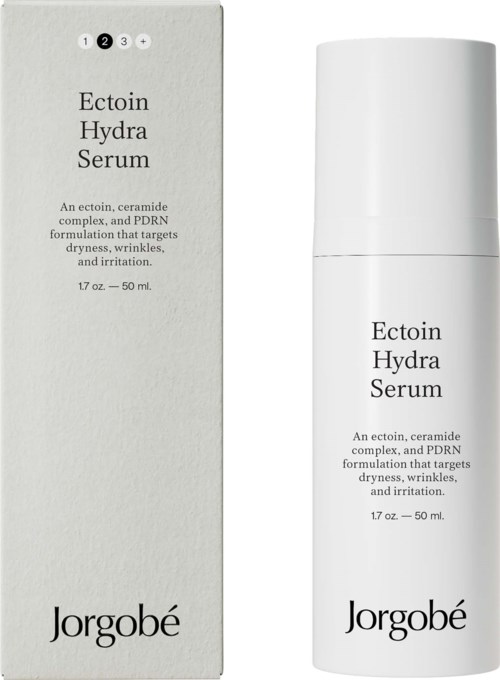Valkoinen pullo ja laatikko Jorgobé Ectoin Hydra Serum -tuotteelle, ihonhoitotuote kuivuuteen ja ärsytykseen.