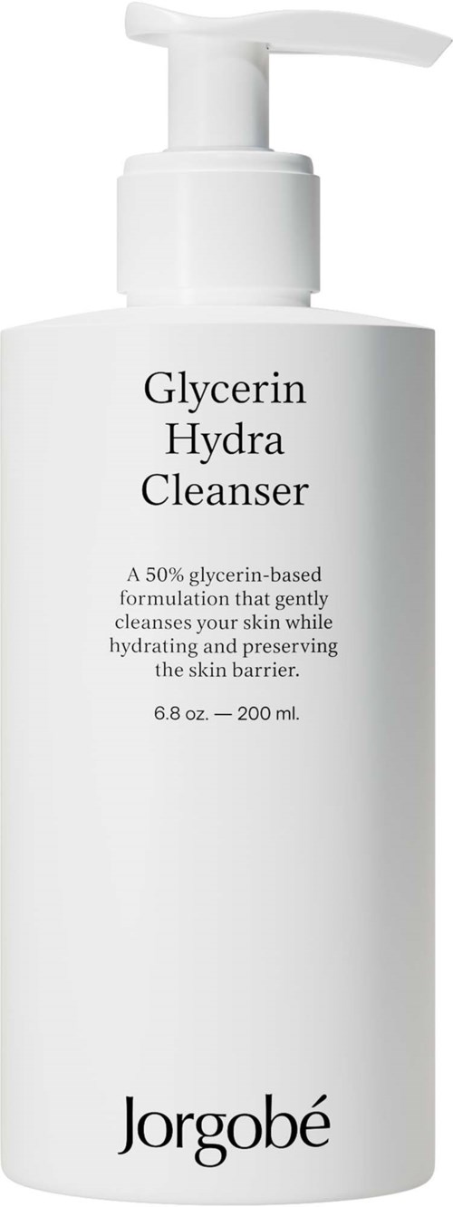 Valkoinen pumppupullon lähettäjä 'Glycerin Hydra Cleanser' merkinnällä Jorgobé, 200 ml.
