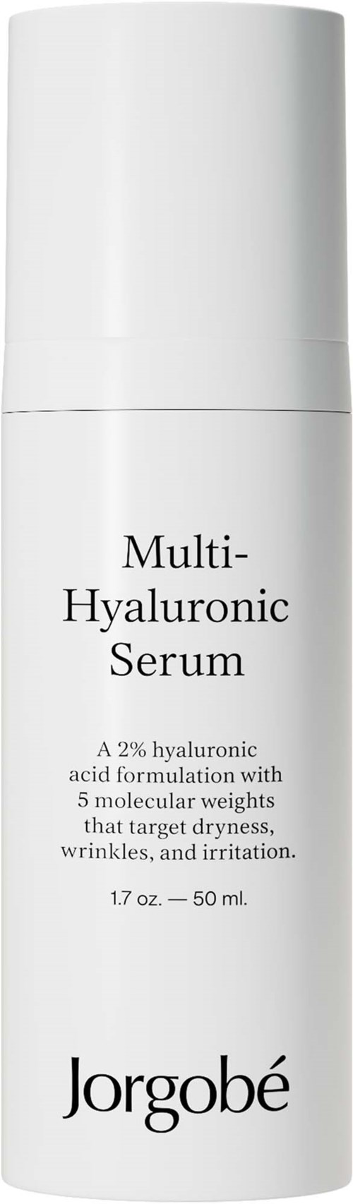 Valkoisessa pullossa lukee 'Multi-Hyaluronic Serum' Jorgobé, sisältäen 50 ml ihonhoitotuotetta.
