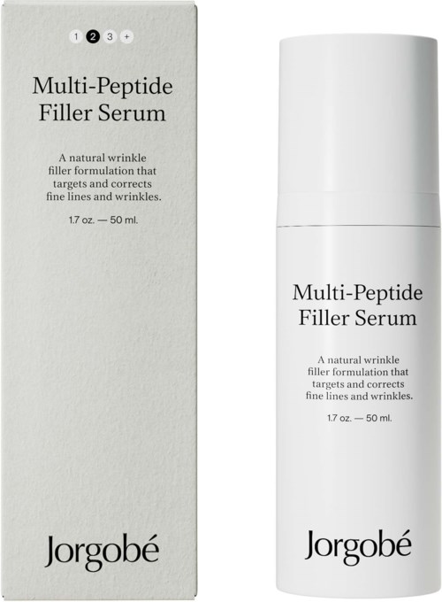 Valkoinen pullo ja laatikko, joissa lukee 'Multi-Peptide Filler Serum' Jorgobé, ihohoitoa ryppyjen vähentämiseen.