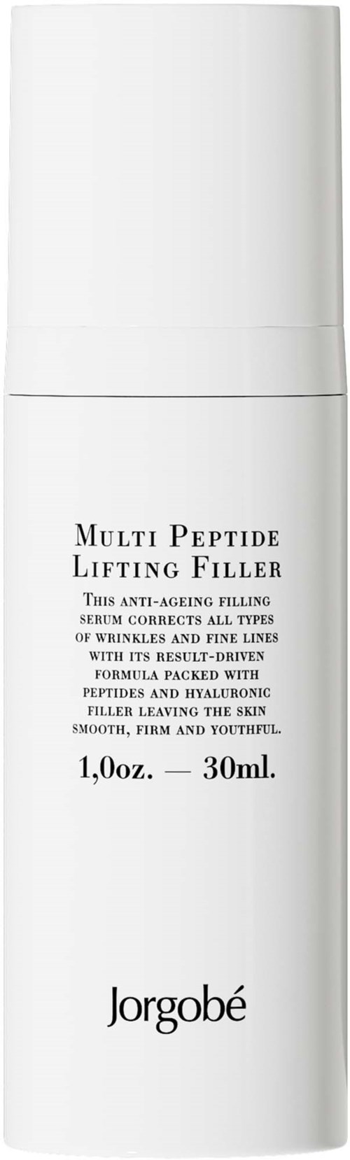 En vit flaska med Jorgobé Multi Peptide Lifting Filler med svart text som beskriver produktens egenskaper.
