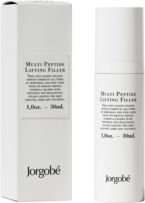 En vit flaska och förpackning för Jorgobé Multi Peptide Lifting Filler, en hudvårdsprodukt för anti-aging och rynkreducering.