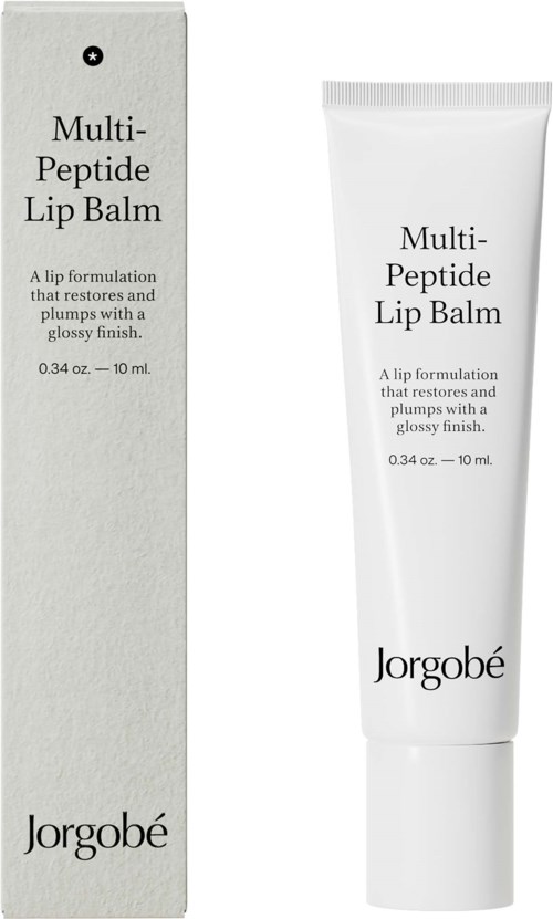 Valkoinen tuubi ja laatikko, joissa musta teksti; huulirasva nimeltä Multi-Peptide Lip Balm Jorgobé.