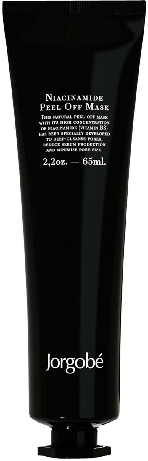 En svart tube med Jorgobé Niacinamide Peel Off Mask med hvit tekst og liten kork.