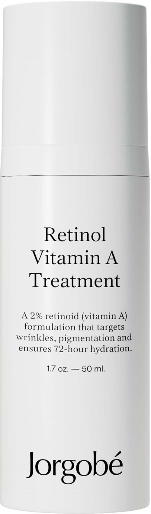 Valkoinen pullo, jossa lukee 'Retinol Vitamin A Treatment' Jorgobéltä, 50 ml ihohoitotuotetta.