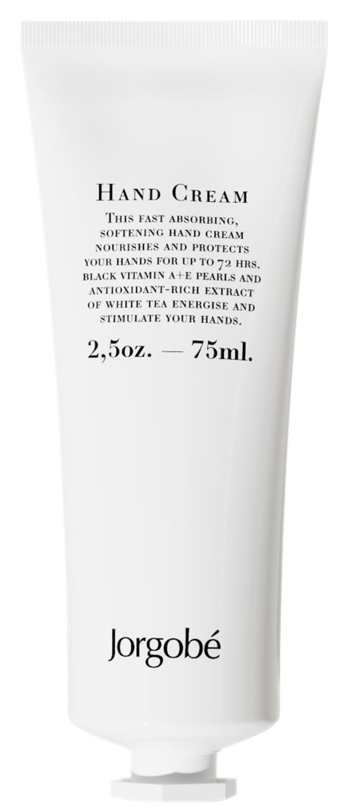 En hvid tube håndcreme med sort tekst, mærket Jorgobé, 75 ml. Beskriver fordele for hænder.