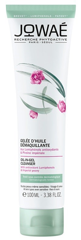 Valkoinen putki, jossa on vihreää ja pinkkiä kukkakuvitusta, tuotteen nimi JOWAE, öljyseemittu puhdistusgeeli iholle, 100 ml.