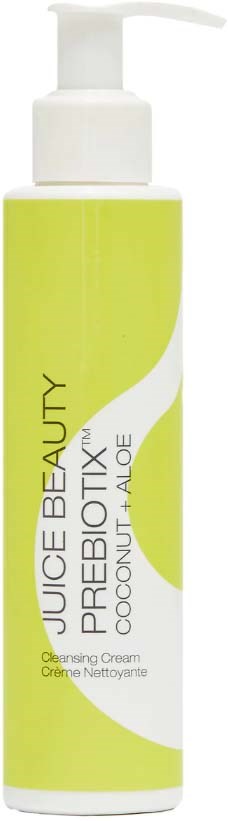 Valkoinen ja vihreä pumppupullon puhdistusvoide, nimeltä Prebiotix Coconut Aloe, Juice Beautyltä.