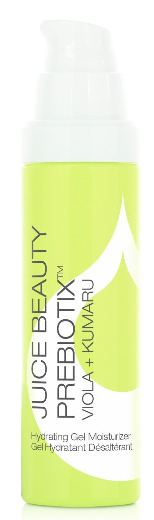 En grön och vit flaska med fuktgivande gel-ansiktskräm som heter Juice Beauty Prebiotix med Viola och Kumaru.