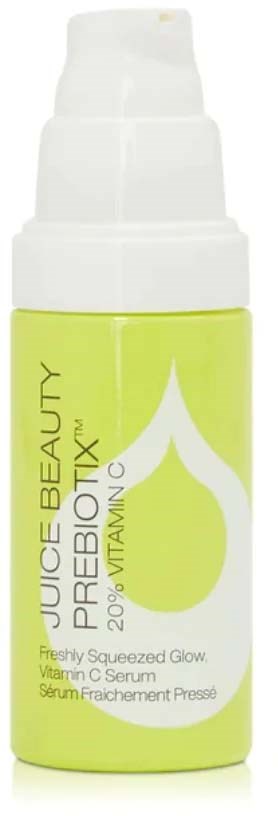 En lille gul flaske med pumpe, mærket Juice Beauty Vitamin C Serum til glødende hud.