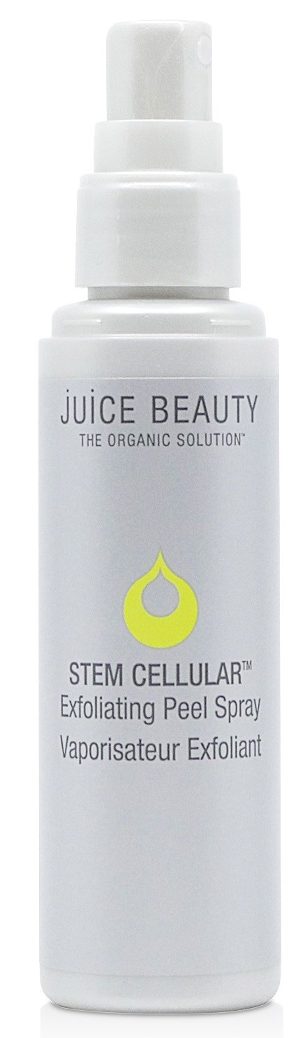 Valkoinen suihkepullo, jossa lukee 'Stem Cellular Exfoliating Peel Spray' Juice Beautyltä.