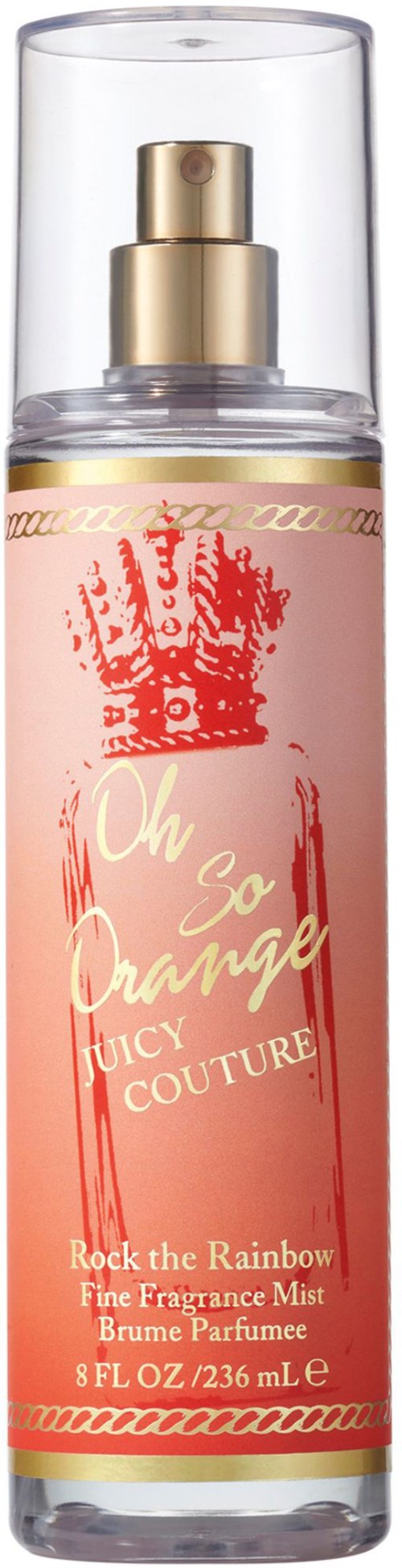 A pink bottle with a spray top, labeled 'Oh So Orange' by Juicy Couture, containing a fragrance mist.