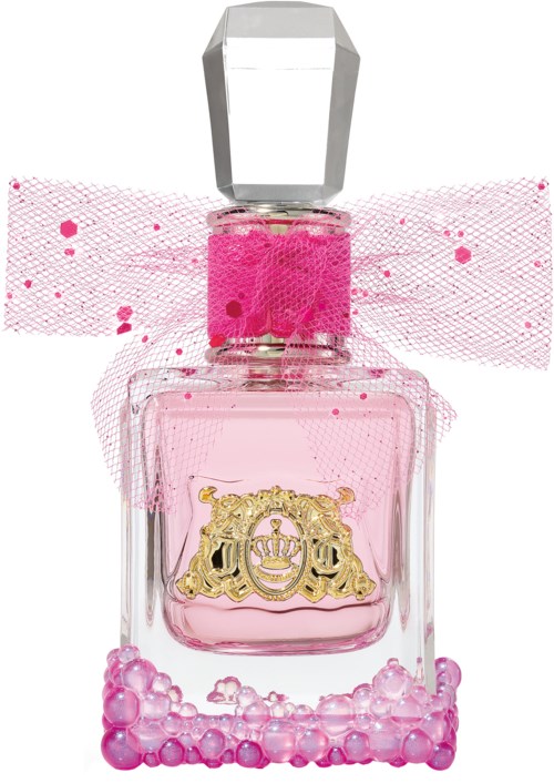 En rosa parfyllflaska med ett guldvapen, rosa band och rosa bubblor längst ner, vackert dekorerad.