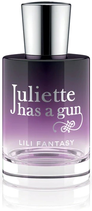 En parfyllflaska i lila och svart färg, med silverlock, och text som säger 'Juliette Has a Gun' och 'Lili Fantasy'.