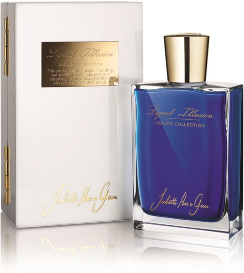 A blue perfume bottle with gold cap, labeled "Liquid Illusion Luxury Collection" and a white box with similar branding.