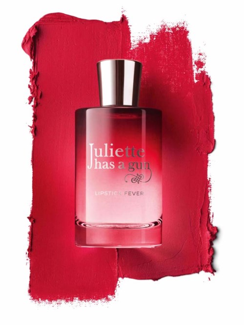 A lipstick with the text 'Juliette has a gun' and 'Lipstick Fever' on a red background.