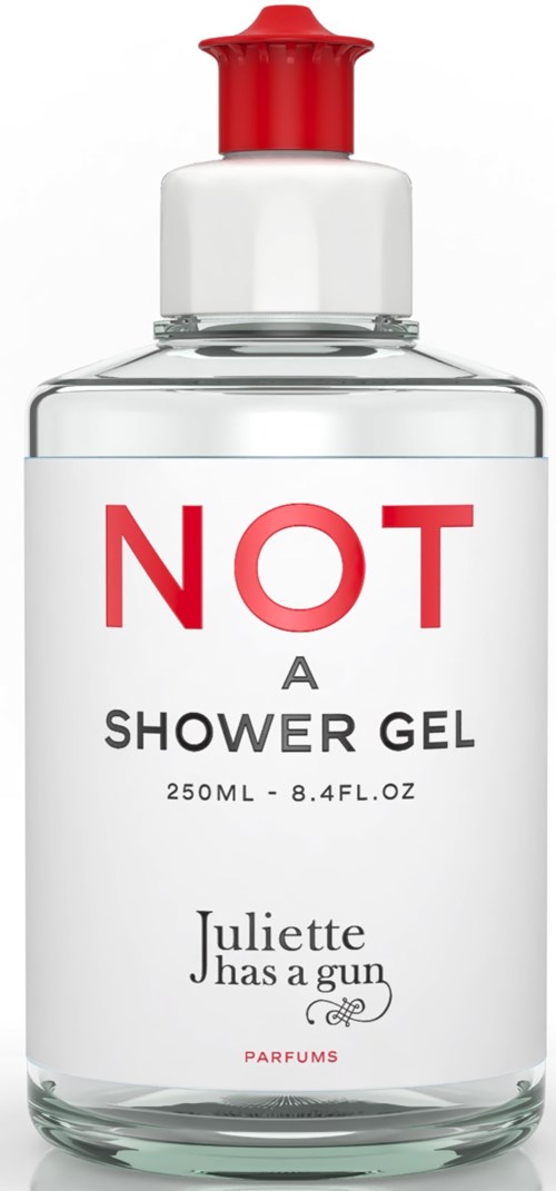 En tydlig duschgel flaska märkt 'NOT A SHOWER GEL' med röd kapsyl och 'Juliette has a gun' märke.