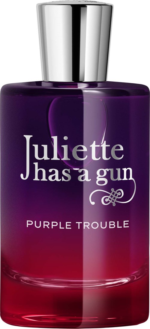 Parfyymipullo nimeltä Juliette Has a Gun Purple Trouble sisältäen hopeisen korkin, väreiltään violetti ja punainen.