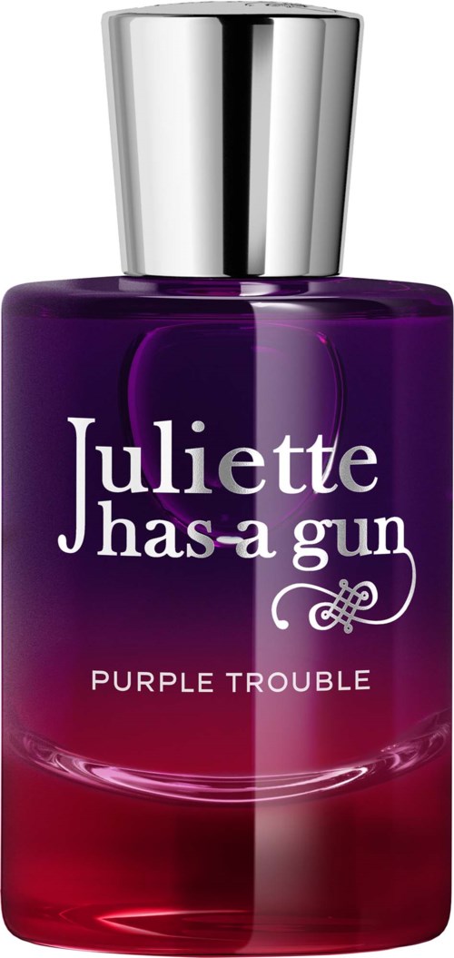 Violetin ja punaisen sävyinen hajuvesipullo, hopeakorkki, etiketti Juliette Has a Gun Purple Trouble.