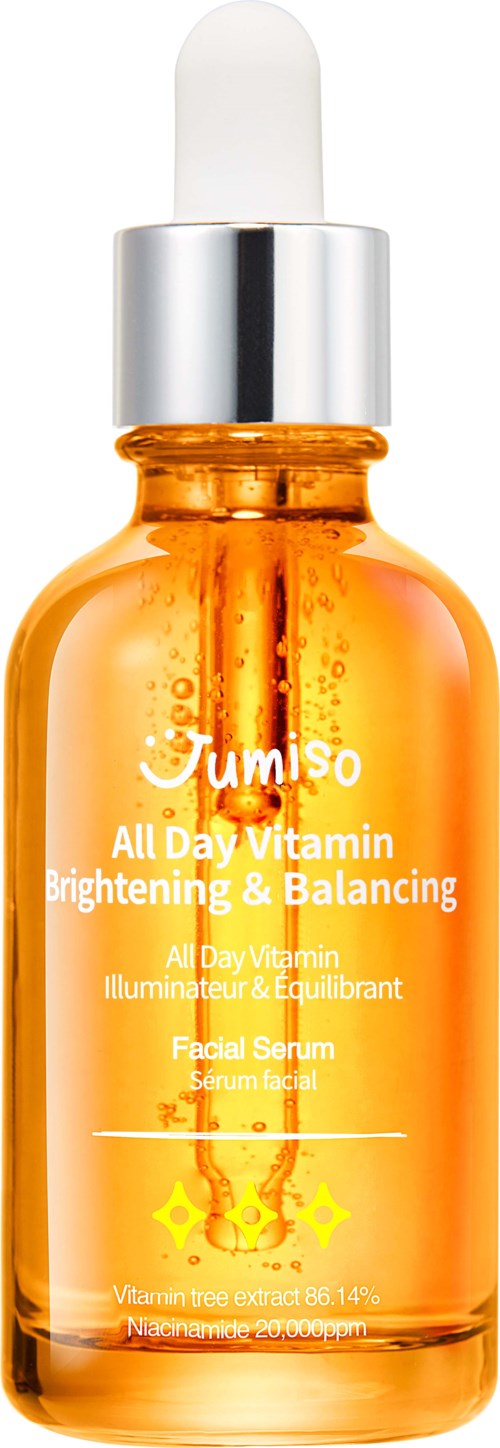 Eine orangefarbene Flasche mit Gesichtsserum und weißem Tropfer, beschriftet 'Jumiso All Day Vitamin Brightening & Balancing' mit dekorativen Sternen.