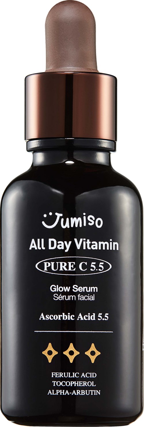 En svart flaska med pipettlock som innehåller C-vitaminserum för huden, märkt med instruktioner och ingredienser.