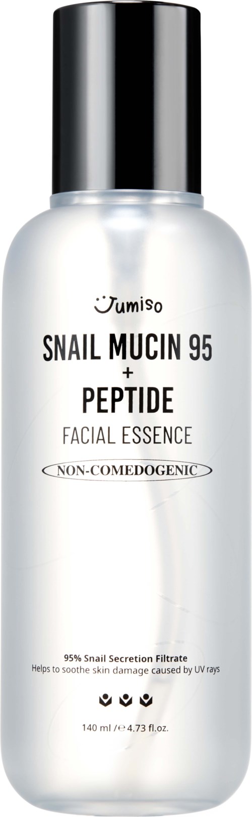 Biała butelka z czarną nakrętką, oznaczona 'Snail Mucin 95 + Peptide Facial Essence', od Jumiso.