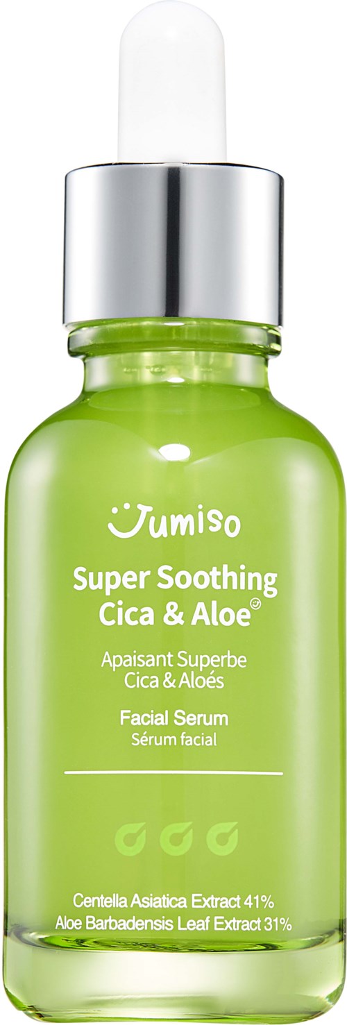Grüne Gesichtsserum in Tropfflasche mit silberner Kappe, gekennzeichnet als beruhigend mit Cica und Aloe Inhaltsstoffen.