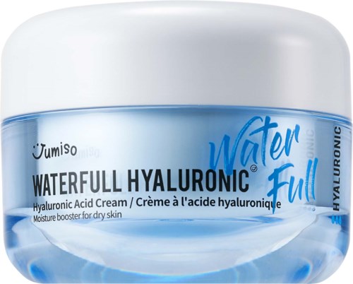 Słoik kremu z kwasem hialuronowym Waterfull Hyaluronic, w niebiesko-białym kolorze, do suchej skóry.