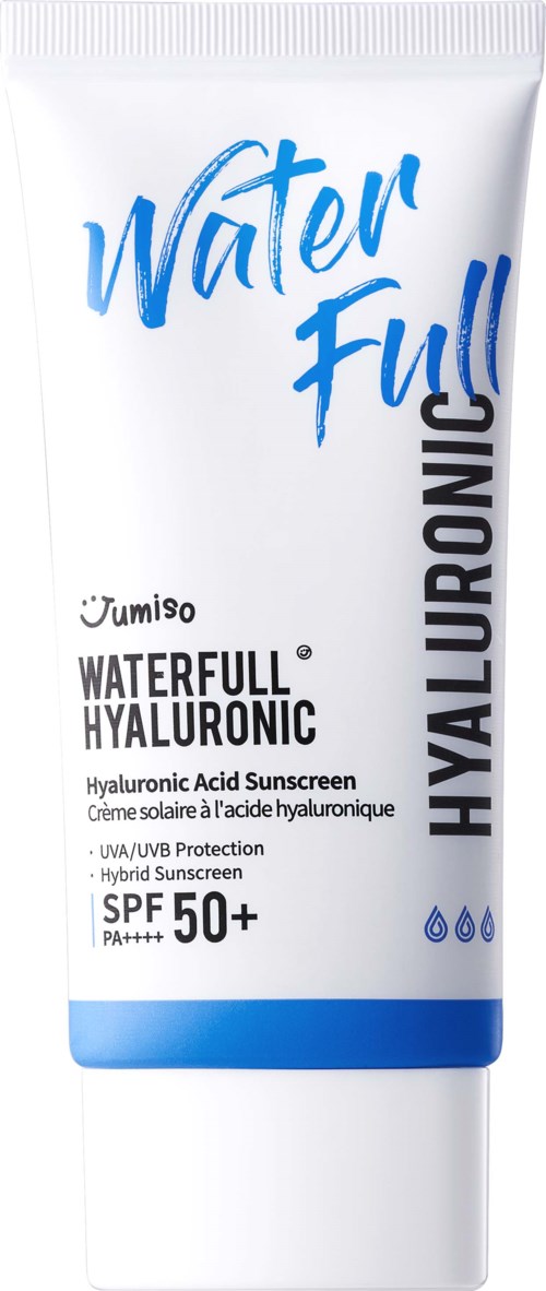 Weißer Tuben mit Sonnencreme mit blauer und schwarzer Schrift, gekennzeichnet Water Full Hyaluronic SPF 50+ zum Hautschutz.
