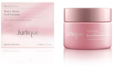 Vaaleanpunainen purkki ja laatikko Jurlique Rare Rose Gel Creamille, kosteuttava jasminruusu. Valmistettu Australiassa.