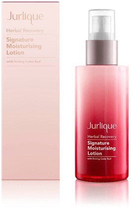 Pink bottle of Jurlique herbal recovery moisturizer next to its box. It has a pump top and white cap.