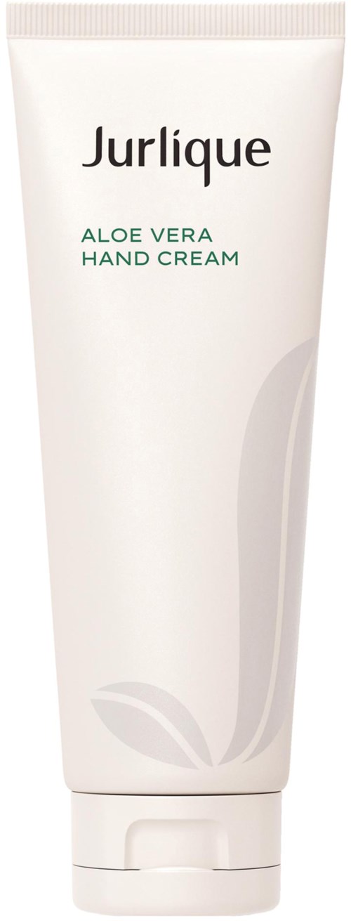 A white tube labeled Jurlique Aloe Vera Hand Cream with green text, featuring a simple leaf design.