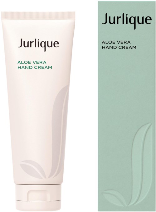 A tube of Jurlique Aloe Vera Hand Cream next to its mint green box with similar design.