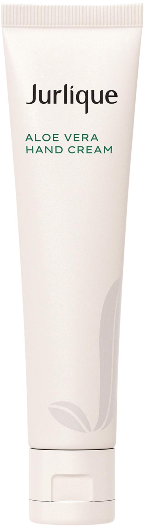 En hvid tube med grøn tekst siger "Jurlique Aloe Vera Hand Cream" med et lille bladdesign i bunden.