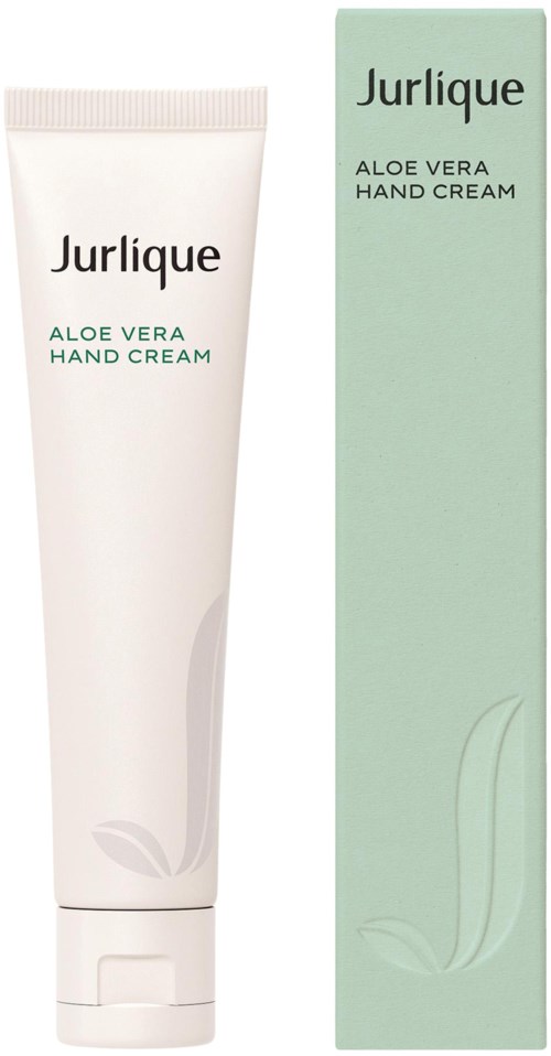 En hvid tube med Jurlique Aloe Vera Håndcreme ved siden af sin grønne æske.