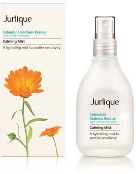 En æske og flaske af Jurlique Calendula Redness Rescue beroligende tåge med blomsterillustration.